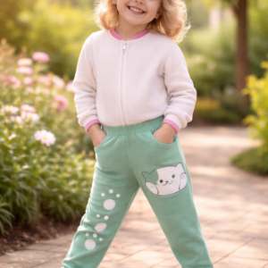 Yeşil Kız Çocuk Tayt Baskılı Kedi Patili Günlük Rahat Giyim