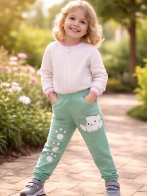Yeşil Kız Çocuk Tayt Baskılı Kedi Patili Günlük Rahat Giyim