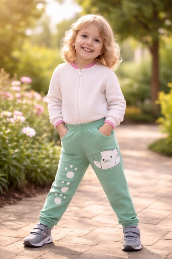Yeşil Kız Çocuk Tayt Baskılı Kedi Patili Günlük Rahat Giyim