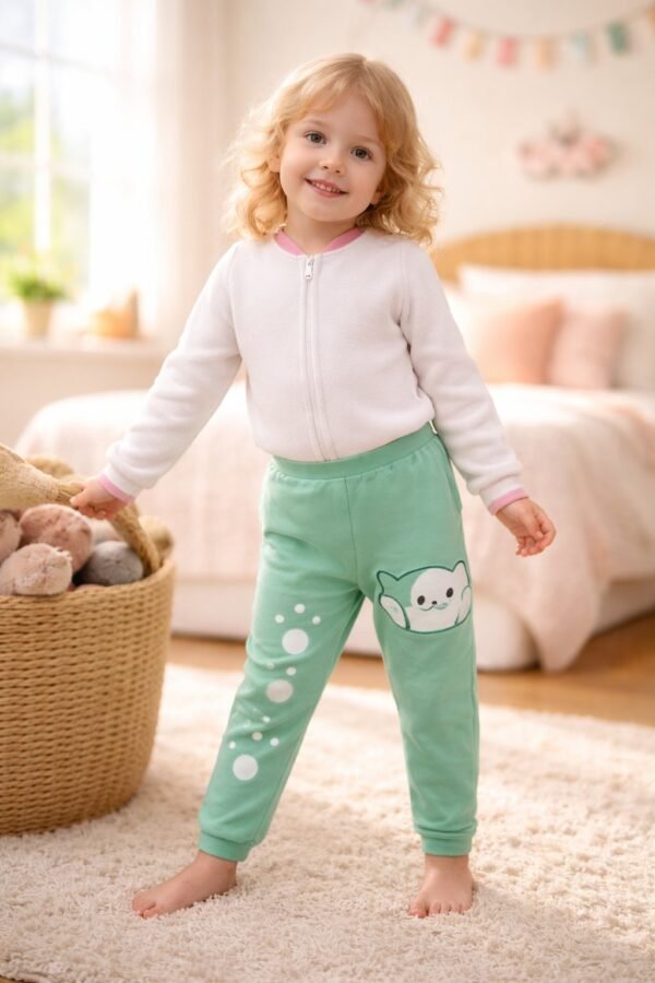 Yeşil Kız Çocuk Tayt Baskılı Kedi Patili Günlük Rahat Giyim - Gorsel 2