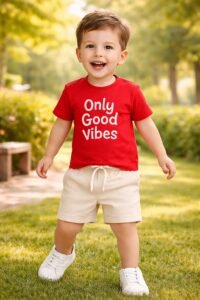 Erkek Çocuk Only Good Vibes Yazılı Kırmızı Renk - Kısa Kollu Tişörtlü -  Şort Takım