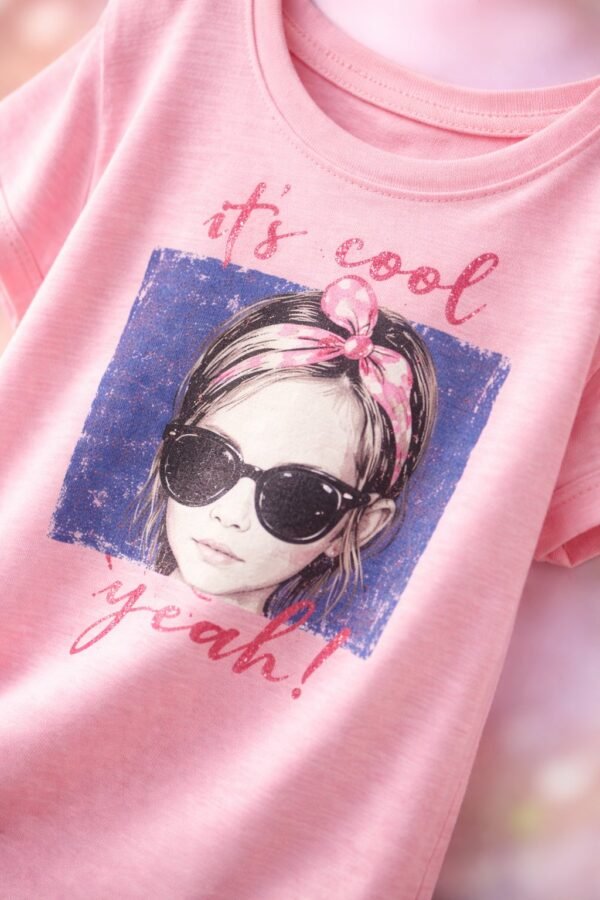 Kız Çocuk Bisiklet Yaka T-Shirt Pembe Renkli Baskılı Desenli Kız Çocuk Giyim - Gorsel 3