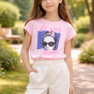 Kısa Kollu Kız Çocuk Bisiklet Yaka T-Shirt Pembe | Çocuk Giyim