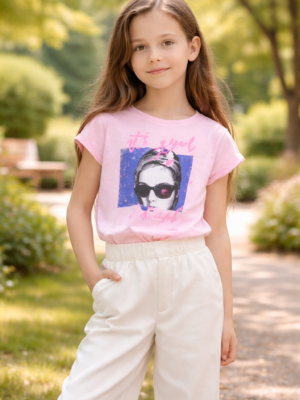 Kız Çocuk Bisiklet Yaka T-Shirt Pembe Renkli Baskılı Desenli Kız Çocuk Giyim