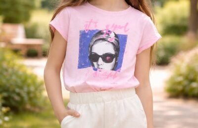 Kız Çocuk Bisiklet Yaka T-Shirt Pembe Renkli Baskılı Desenli Kız Çocuk Giyim