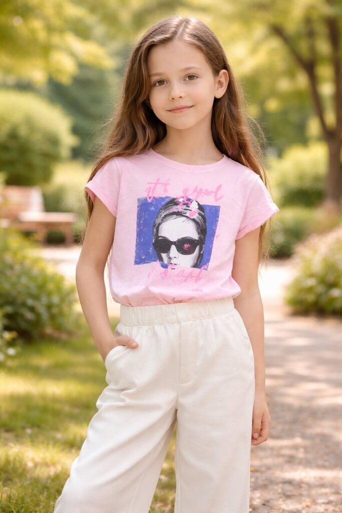 Kız Çocuk Bisiklet Yaka T-Shirt Pembe Renkli Baskılı Desenli Kız Çocuk Giyim