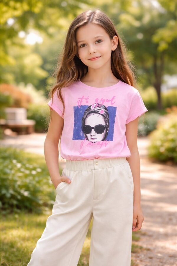 Kız Çocuk Bisiklet Yaka T-Shirt Pembe Renkli Baskılı Desenli Kız Çocuk Giyim - Gorsel 2