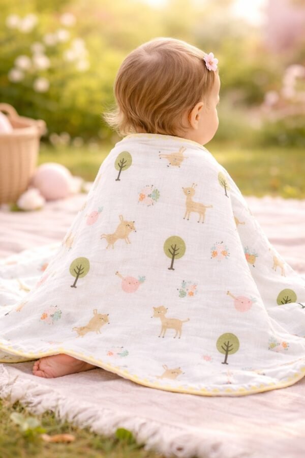 Krem renkli kız bebek için çift taraflı ağaç ve hayvan baskılı Müslin Battaniye, yumuşak ve dayanıklı bebek battaniyesi - Gorsel 4