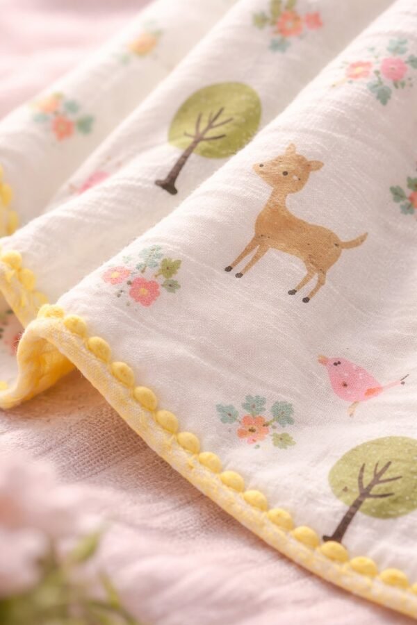 Krem renkli kız bebek için çift taraflı ağaç ve hayvan baskılı Müslin Battaniye, yumuşak ve dayanıklı bebek battaniyesi - Gorsel 3