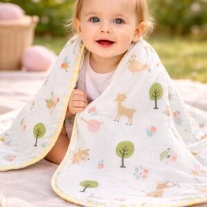 Kız Bebek Ağaç ve Hayvan Baskılı Çift Taraflı Müslin Battaniye