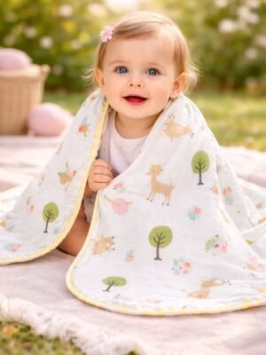 Krem renkli kız bebek için çift taraflı ağaç ve hayvan baskılı Müslin Battaniye, yumuşak ve dayanıklı bebek battaniyesi