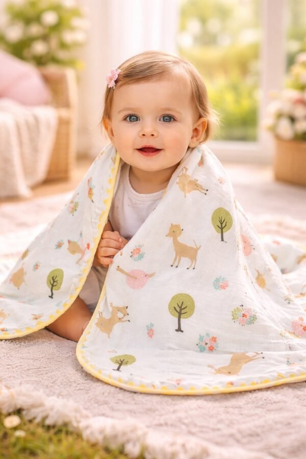 Krem renkli kız bebek için çift taraflı ağaç ve hayvan baskılı Müslin Battaniye, yumuşak ve dayanıklı bebek battaniyesi - Gorsel 2