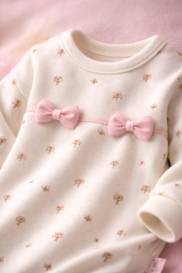 Kız Bebek Biorganik Fiyonklu Uzun Kol Mantar Baskılı Takım, Bebek Giyim, Rahat ve Şık - Gorsel 3