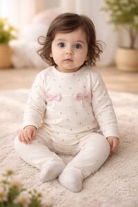Kız Bebek Biorganik Fiyonklu Uzun Kol Mantar Baskılı 2li Takım