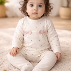 Kız Bebek Biorganik Fiyonklu Uzun Kol Mantar Baskılı Takım, Bebek Giyim, Rahat ve Şık