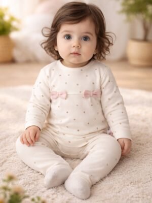 Kız Bebek Biorganik Fiyonklu Uzun Kol Mantar Baskılı Takım, Bebek Giyim, Rahat ve Şık