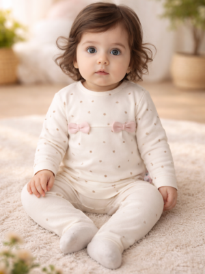 Kız Bebek Biorganik Fiyonklu Uzun Kol Mantar Baskılı Takım, rahat ve şık çocuk giyim