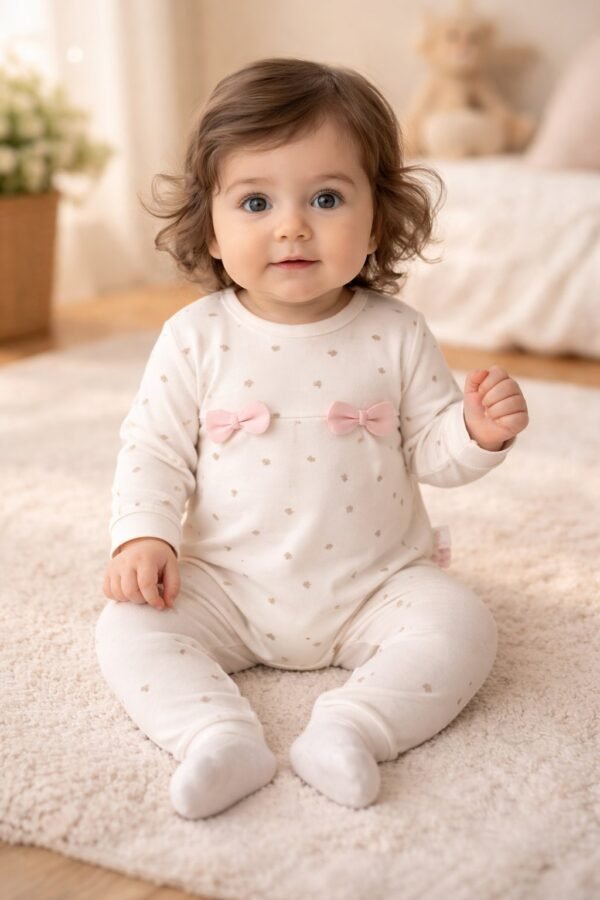 Kız Bebek Biorganik Fiyonklu Uzun Kol Mantar Baskılı Takım, Bebek Giyim, Rahat ve Şık - Gorsel 2