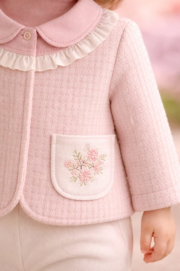 Kız Bebek Çiçek Cep Detaylı Yelek Gömlek Pantolon Takımı, Kız Bebek Giyim, Pastel Pembe ve Çiçek Deseni ile Konforlu ve Şık - Gorsel 3