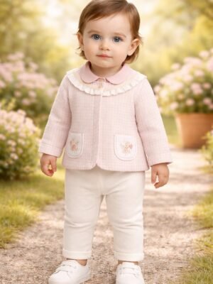 Kız Bebek Çiçek Cep Detaylı Yelek Gömlek Pantolon Takımı, Kız Bebek Giyim, Pastel Pembe ve Çiçek Deseni ile Konforlu ve Şık