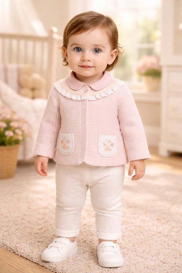 Kız Bebek Çiçek Cep Detaylı Yelek Gömlek Pantolon Takımı, Kız Bebek Giyim, Pastel Pembe ve Çiçek Deseni ile Konforlu ve Şık - Gorsel 2