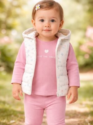 Kız Bebek Çiçek Desenli Kapüşonlu Yelekli Takım, Bebek Giyim, Rahat ve Şık