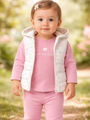 Bebek Kız İçin Çiçek Desenli Kapüşonlu Yelekli Takım, rahat ve şık tasarım