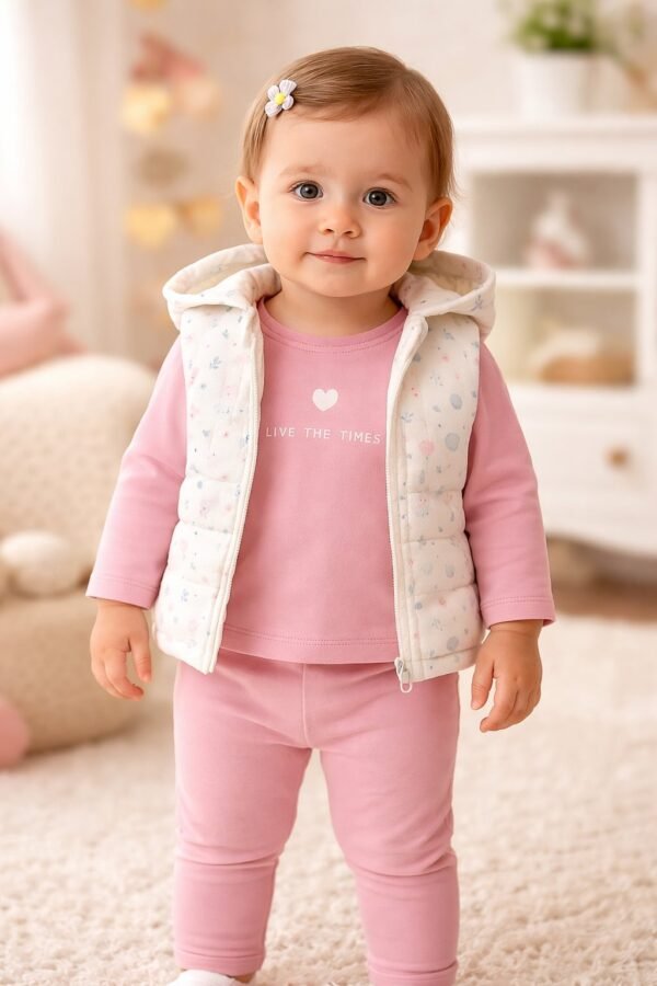 Kız Bebek Çiçek Desenli Kapüşonlu Yelekli Takım, Bebek Giyim, Rahat ve Şık - Gorsel 2