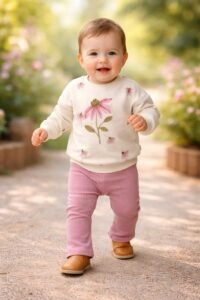 Kız Bebek Çiçek Detaylı- Kadife Taytlı Krem Renk Takım