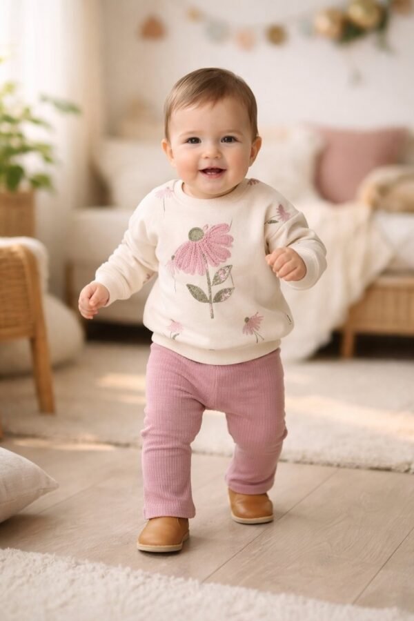 Kadife Bebek Takım 12-24 Ay Çiçek Desenli Rahat Günlük Kullanım - Gorsel 2