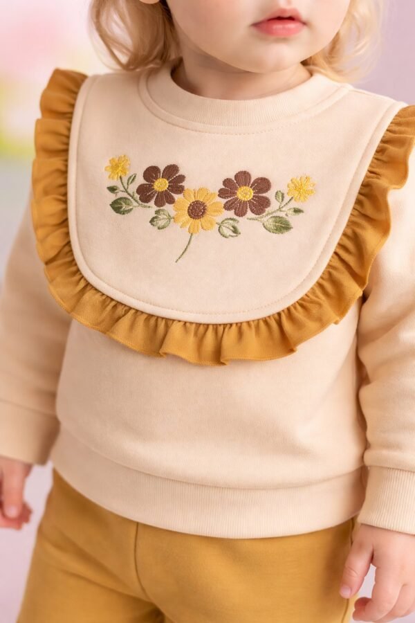 Kız Bebek Çiçek Nakışlı Bisiklet Yakalı Ön Kısmı Fırfır Detaylı 2li Takım, Bebek Giyim, Rahat ve Şık Tasarım - Gorsel 3