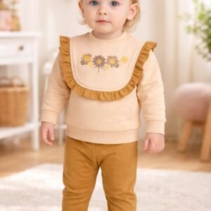 Kız Bebek Çiçek Nakışlı Bisiklet Yakalı Ön Kısmı Fırfır Detaylı 2li Takım, Bebek Giyim, Rahat ve Şık Tasarım