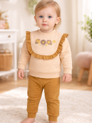 Kız Bebek Çiçek Nakışlı Bisiklet Yakalı Ön Kısmı Fırfır Detaylı 2li Takım, Bebek Giyim, Rahat ve Şık Tasarım