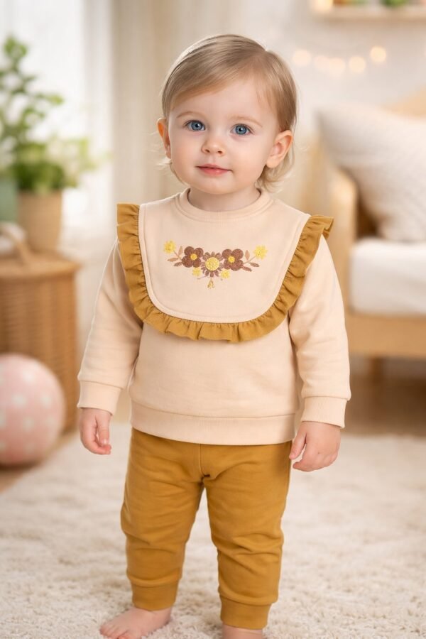 Kız Bebek Çiçek Nakışlı Bisiklet Yakalı Ön Kısmı Fırfır Detaylı 2li Takım, Bebek Giyim, Rahat ve Şık Tasarım - Gorsel 2