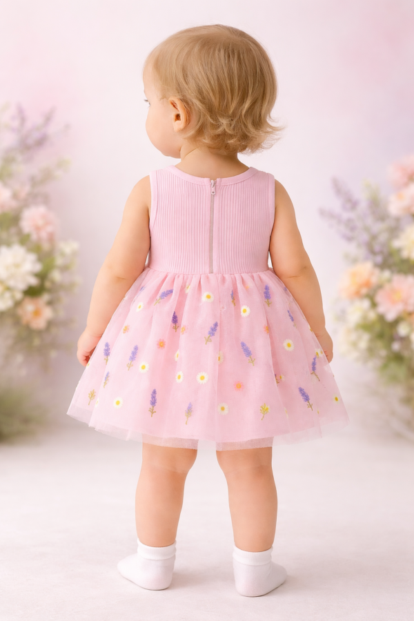 Kız Bebek Çiçek Nakışlı Tüllü Sıfır Kol Pembe Elbise, Bebek Giyim, Rahat ve Şık - Gorsel 4