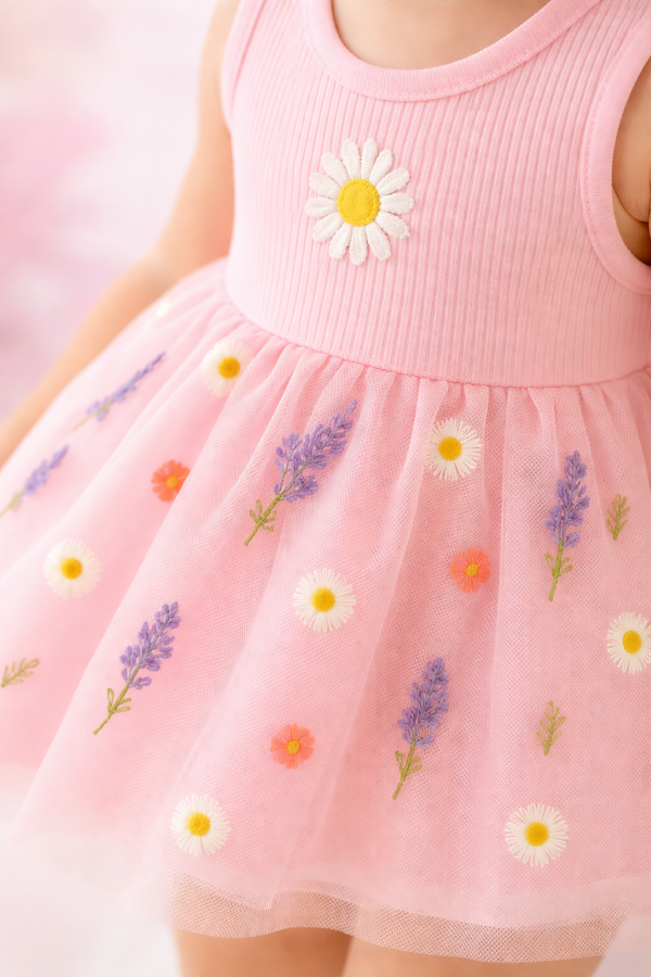 Kız Bebek Çiçek Nakışlı Tüllü Sıfır Kol Pembe Elbise, Bebek Giyim, Rahat ve Şık - Gorsel 3