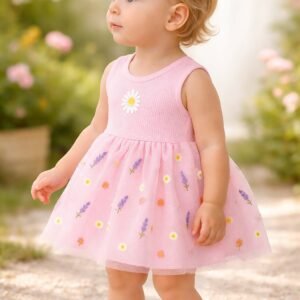 Kız Bebek Çiçek Nakışlı Tüllü Sıfır Kol Pembe Elbise