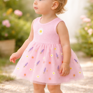 Kız Bebek Çiçek Nakışlı Tüllü Sıfır Kol Pembe Elbise, Bebek Giyim, Rahat ve Şık