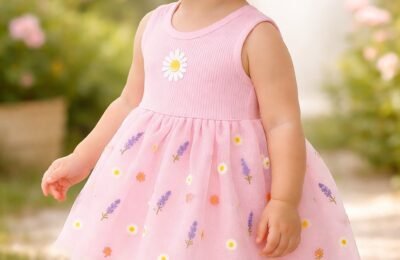 Kız Bebek Çiçek Nakışlı Tüllü Sıfır Kol Pembe Elbise, Bebek Giyim, Rahat ve Şık