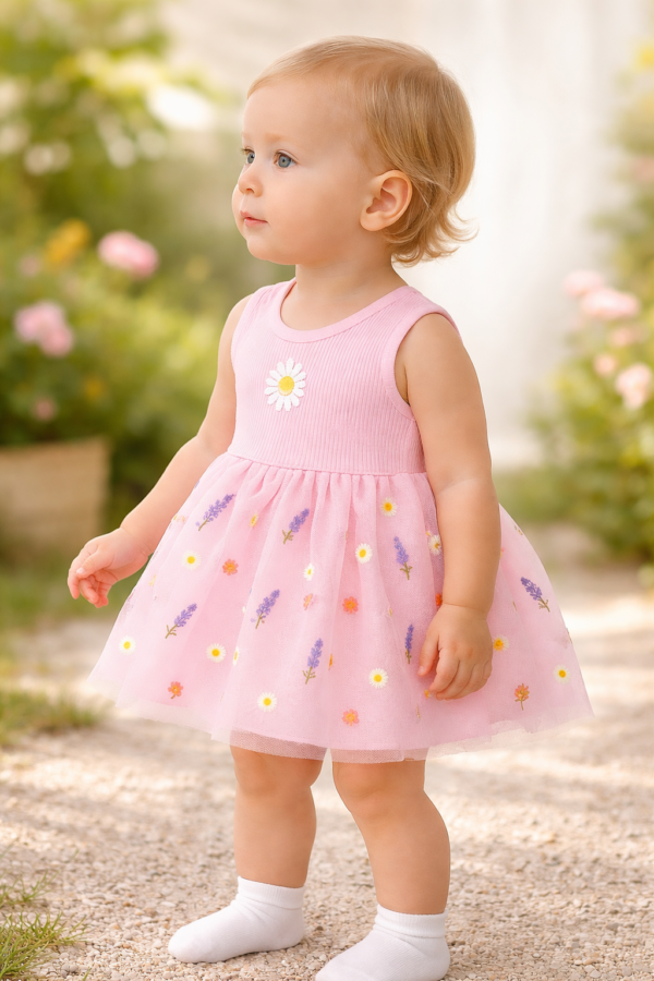 Kız Bebek Çiçek Nakışlı Tüllü Sıfır Kol Pembe Elbise, Bebek Giyim, Rahat ve Şık