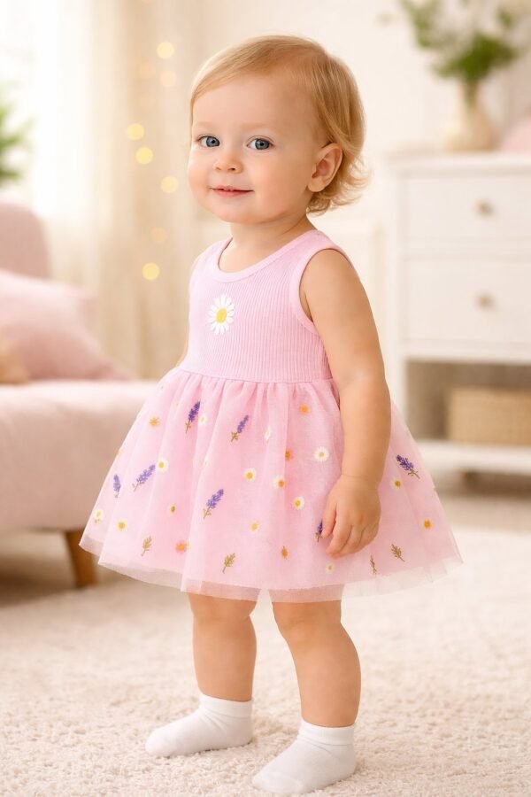 Kız Bebek Çiçek Nakışlı Tüllü Sıfır Kol Pembe Elbise, Bebek Giyim, Rahat ve Şık - Gorsel 2