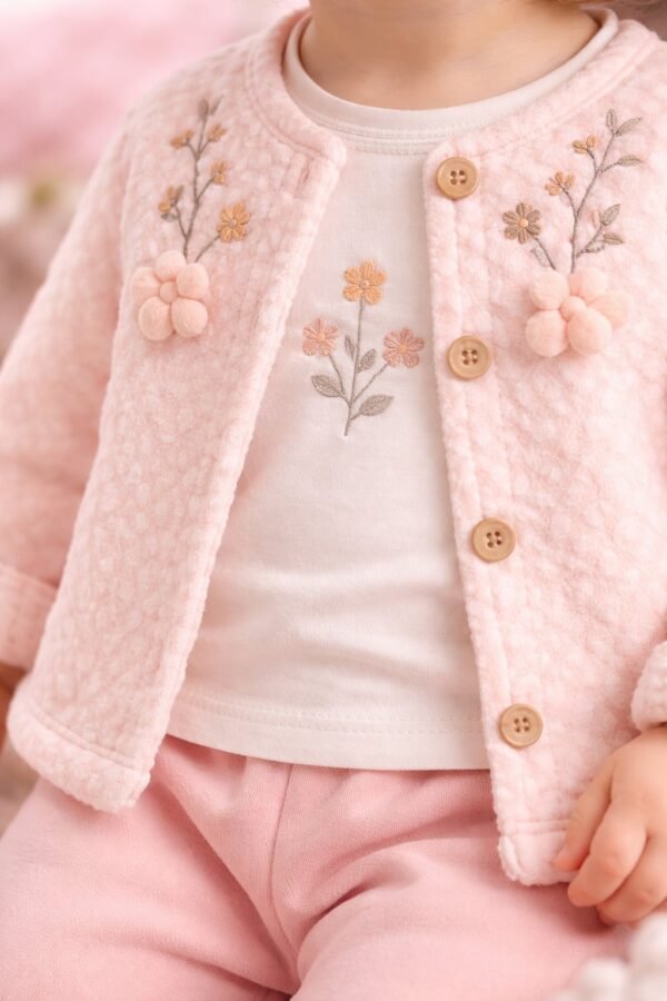 Kız Bebek Çiçek Nakışlı Welsoft Ceketli 3 Parça Takım, Bebek Giyim, Konfor ve Şıklık - Gorsel 3