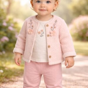 Kız Bebek Çiçek Nakışlı Welsoft Ceketli 3 Parça Takım, Bebek Giyim, Konfor ve Şıklık