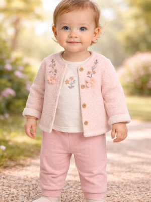 Kız Bebek Çiçek Nakışlı Welsoft Ceketli 3 Parça Takım - Bebek Giyim
