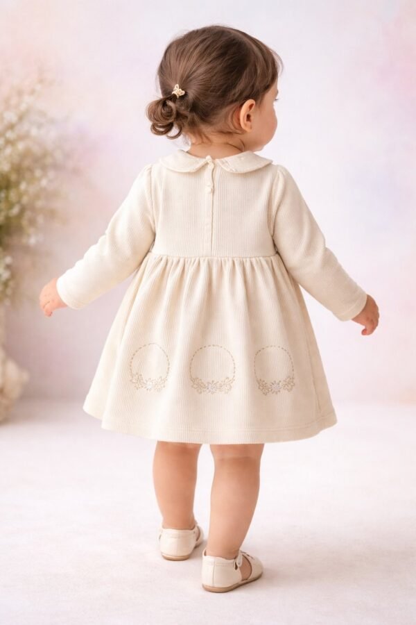 Kız Bebek Çiçek Nakışlı Uzun Kollu Elbise Krem Renkli Kadife - Gorsel 4