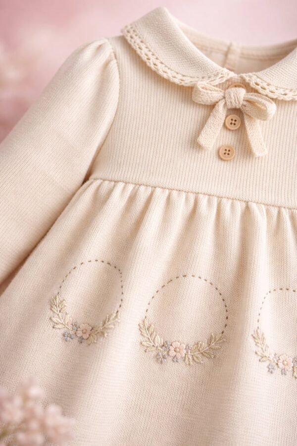 Kız Bebek Çiçek Nakışlı Uzun Kollu Elbise Krem Renkli Kadife - Gorsel 3