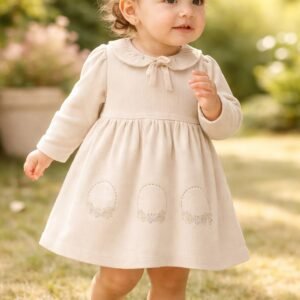 Kız Bebek Çiçek Nakışlı Uzun Kollu Fitilli Elbise