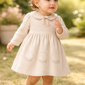Kız Bebek Çiçek Nakışlı Uzun Kollu Elbise Krem Renkli Kadife