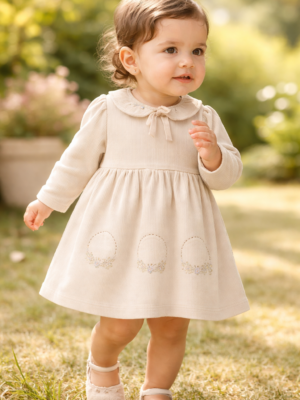 Kız Bebek Çiçek Nakışlı Uzun Kollu Elbise Krem Renkli Kadife