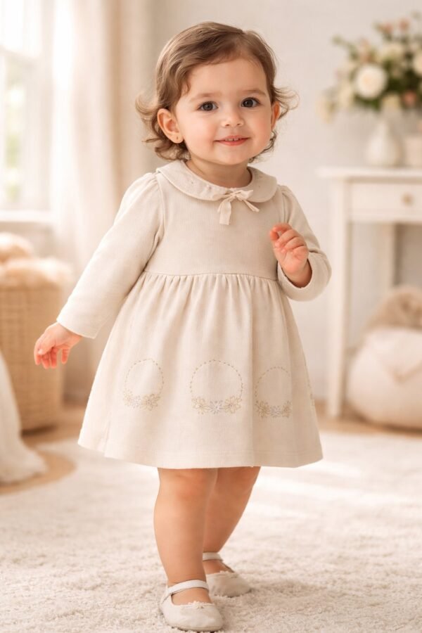 Kız Bebek Çiçek Nakışlı Uzun Kollu Elbise Krem Renkli Kadife - Gorsel 2